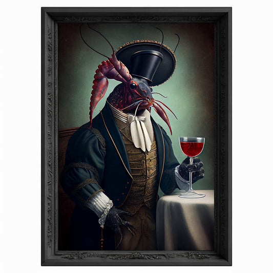 Lobster Drinks Wine Portrait, Animal Painting, Altered Art, Bar Room Poster, Regal Vintage Artwork, Unique Art Prints, Funny Gift