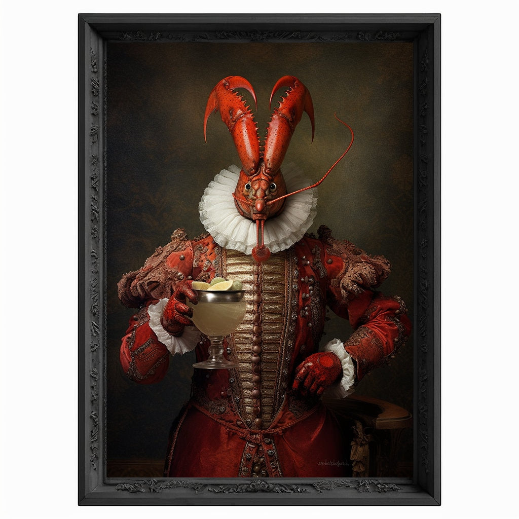 Lobster Drinks Wine Portrait, Animal Painting, Altered Art, Bar Room Poster, Regal Vintage Artwork, Unique Art Prints, Funny Gift