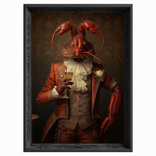 Lobster Drinks Wine Portrait, Animal Painting, Altered Art, Bar Room Poster, Regal Vintage Artwork, Unique Art Prints, Funny Gift