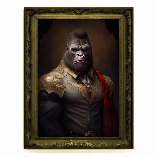 Superhero Gorilla Portrait, Animal Painting, Altered Art, Bar Room Poster, Regal Vintage Artwork, Unique Art Prints, Funny Gift, Harambe