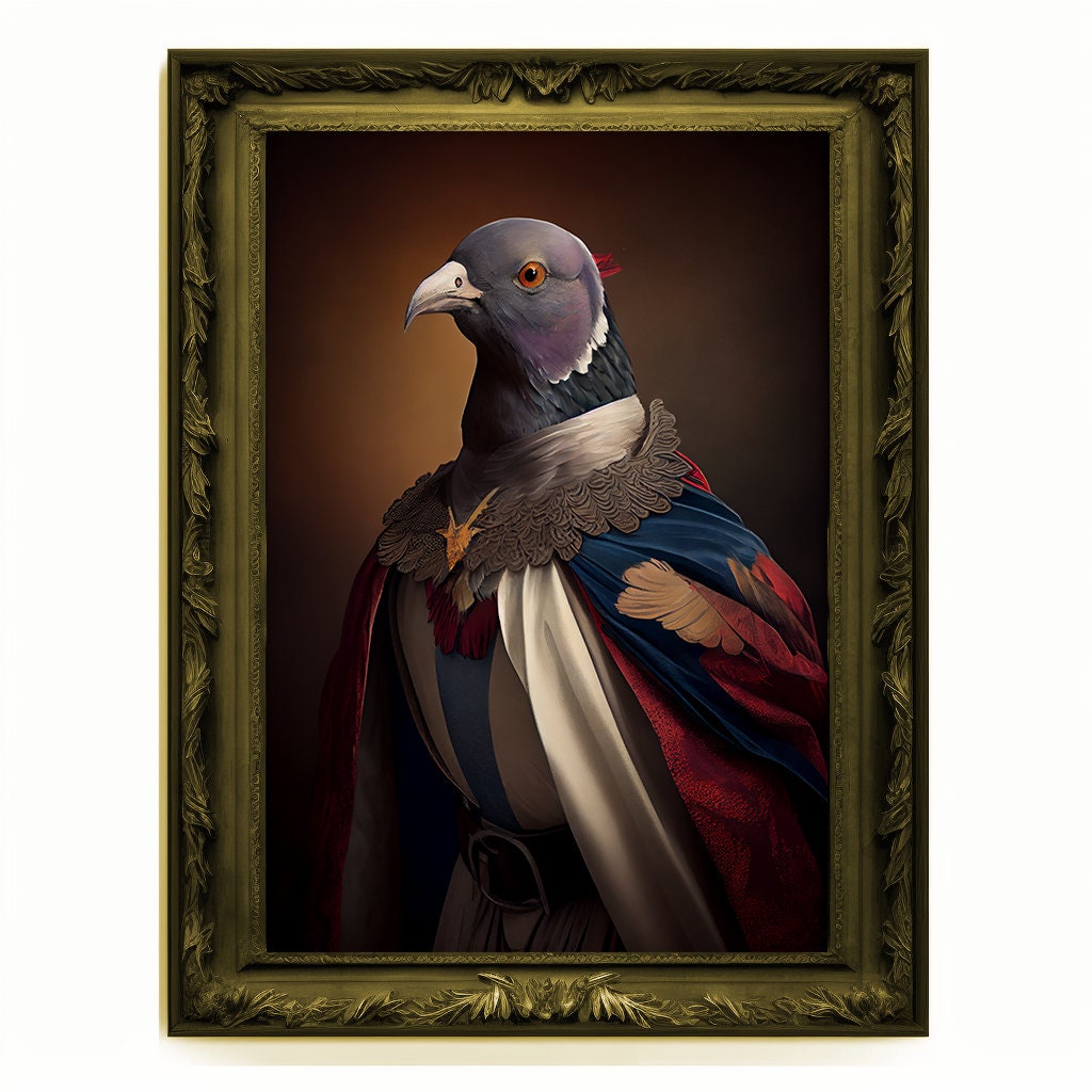 Superhero Pidgeon Portrait, Animal Painting, Altered Art, Bar Room Poster, Regal Vintage Artwork, Unique Art Prints, Funny Pidgeon Gift