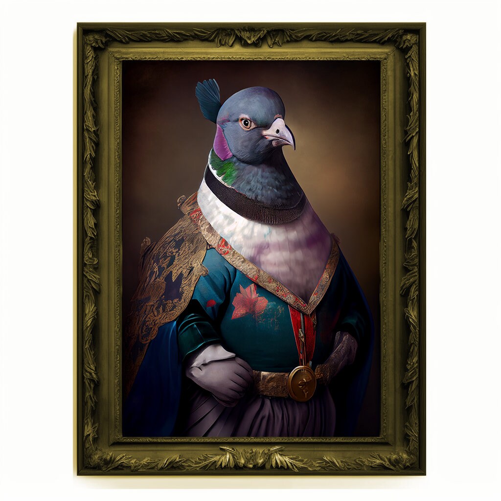 Superhero Pidgeon Portrait, Animal Painting, Altered Art, Bar Room Poster, Regal Vintage Artwork, Unique Art Prints, Funny Pidgeon Gift