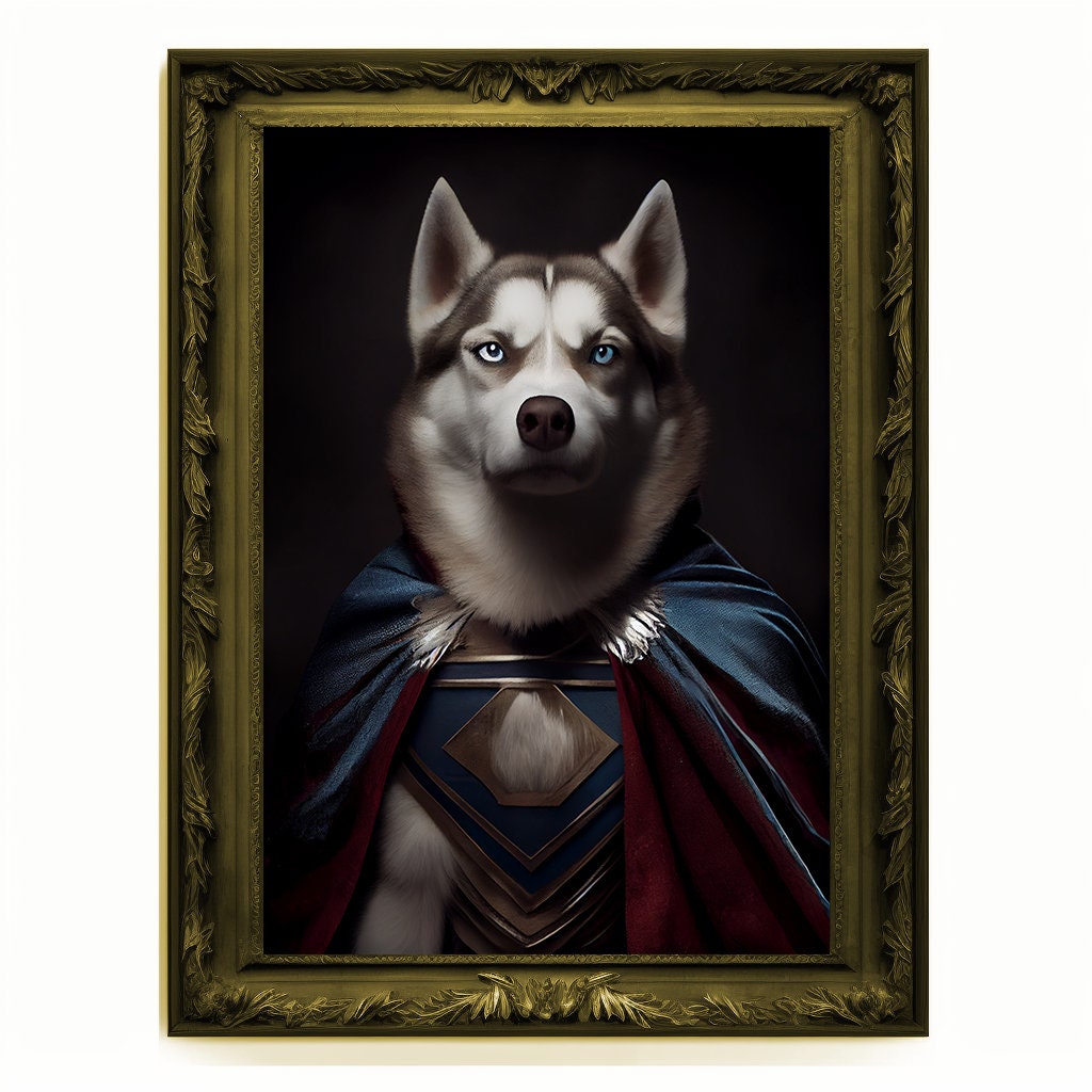Superhero Husky Portrait, Animal Wolf Painting, Altered Art, Bar Room Poster, Regal Vintage Artwork, Unique Art Prints, Funny Dog Gift