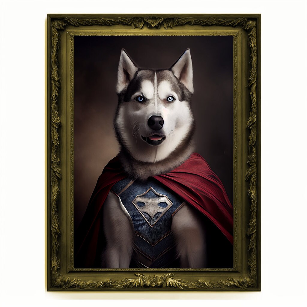 Superhero Husky Portrait, Animal Wolf Painting, Altered Art, Bar Room Poster, Regal Vintage Artwork, Unique Art Prints, Funny Dog Gift