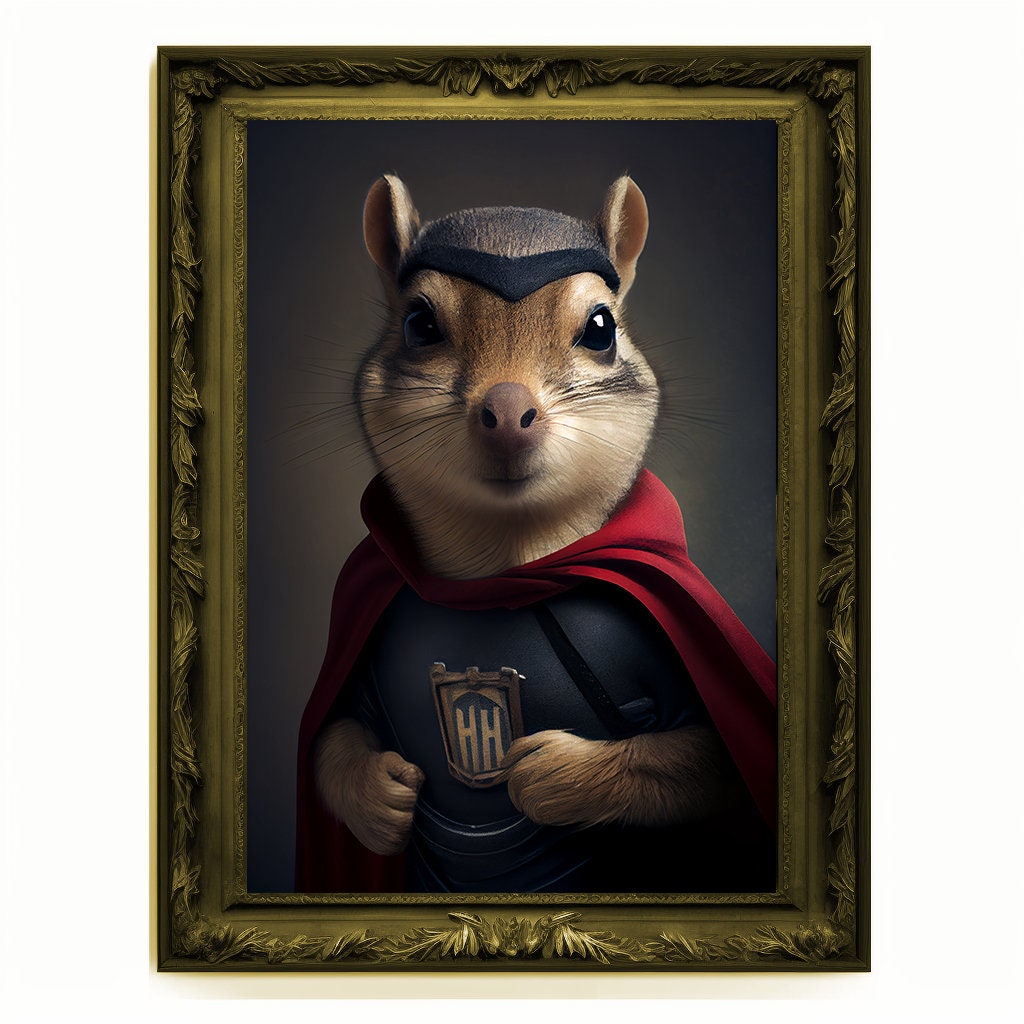 Superhero Chipmunk Portrait, Animal Painting, Altered Art, Bar Room Poster, Regal Vintage Artwork, Unique Art Prints, Funny Pet Gift