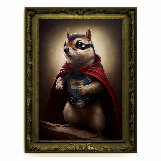 Superhero Chipmunk Portrait, Animal Painting, Altered Art, Bar Room Poster, Regal Vintage Artwork, Unique Art Prints, Funny Pet Gift