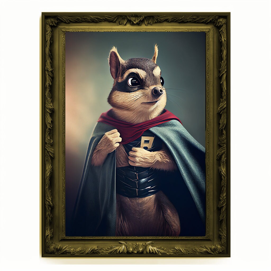 Superhero Chipmunk Portrait, Animal Painting, Altered Art, Bar Room Poster, Regal Vintage Artwork, Unique Art Prints, Funny Pet Gift