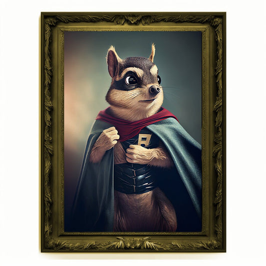 Superhero Chipmunk Portrait, Animal Painting, Altered Art, Bar Room Poster, Regal Vintage Artwork, Unique Art Prints, Funny Pet Gift