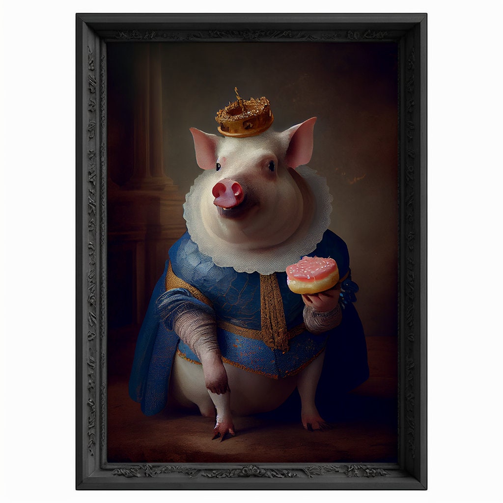 Royal Pig Eating Donut Portrait, Animal Painting, Altered Art, Bar Room Poster, Regal Vintage Artwork, Unique Art Prints, Funny Gift