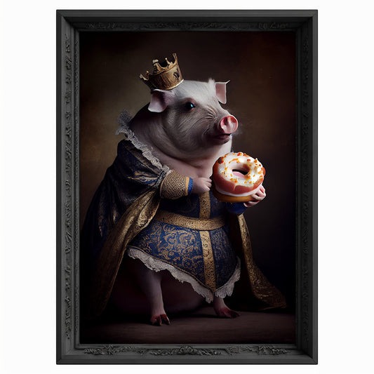 Royal Pig Eating Donut Portrait, Animal Painting, Altered Art, Bar Room Poster, Regal Vintage Artwork, Unique Art Prints, Funny Gift