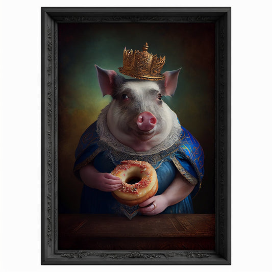 Royal Pig Eating Donut Portrait, Animal Painting, Altered Art, Bar Room Poster, Regal Vintage Artwork, Unique Art Prints, Funny Gift