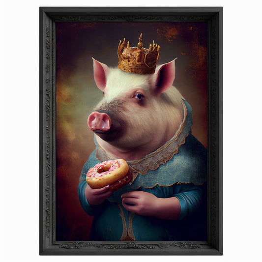 Royal Pig Eating Donut Portrait, Animal Painting, Altered Art, Bar Room Poster, Regal Vintage Artwork, Unique Art Prints, Funny Gift