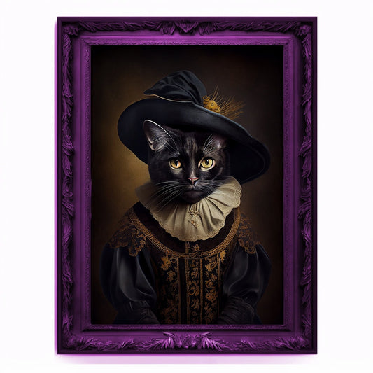 Witch Cat Portrait, Animal Painting, Altered Art, witchcraft Decor, Regal Vintage Artwork, Unique Prints, Funny Pet Gift, Salem Cat Print