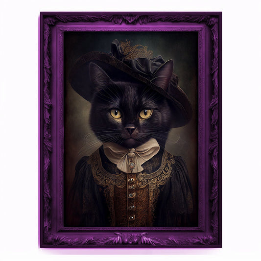 Witch Cat Portrait, Animal Painting, Altered Art, witchcraft Decor, Regal Vintage Artwork, Unique Prints, Funny Pet Gift, Salem Cat Print
