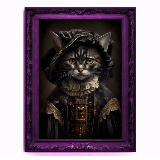 Witch Cat Portrait, Animal Painting, Altered Art, witchcraft Decor, Regal Vintage Artwork, Unique Prints, Funny Pet Gift, Salem Cat Print