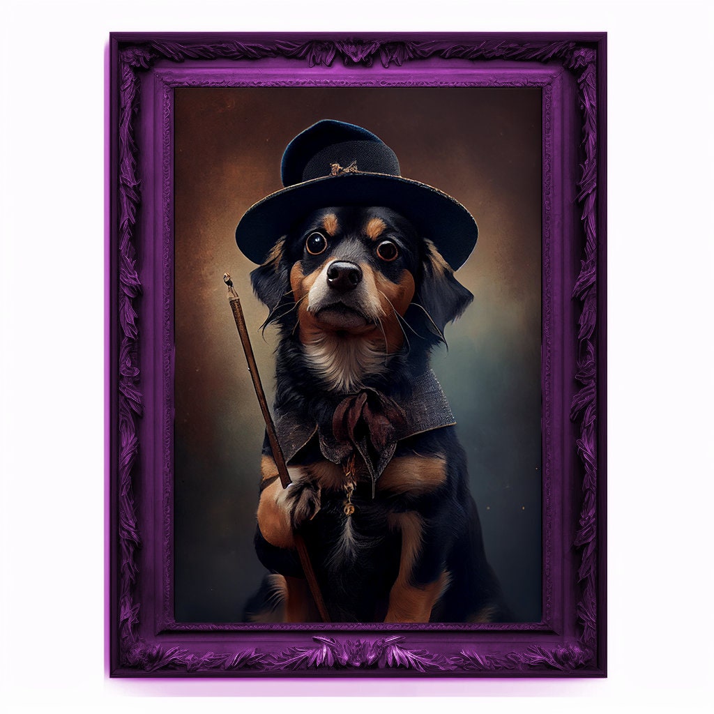 Wizard Dog Portrait, Magician Poster, Animal Painting, Altered Art, Magic Wand, Regal Vintage Artwork, Unique Prints, Pet Gift, Wizard Gift