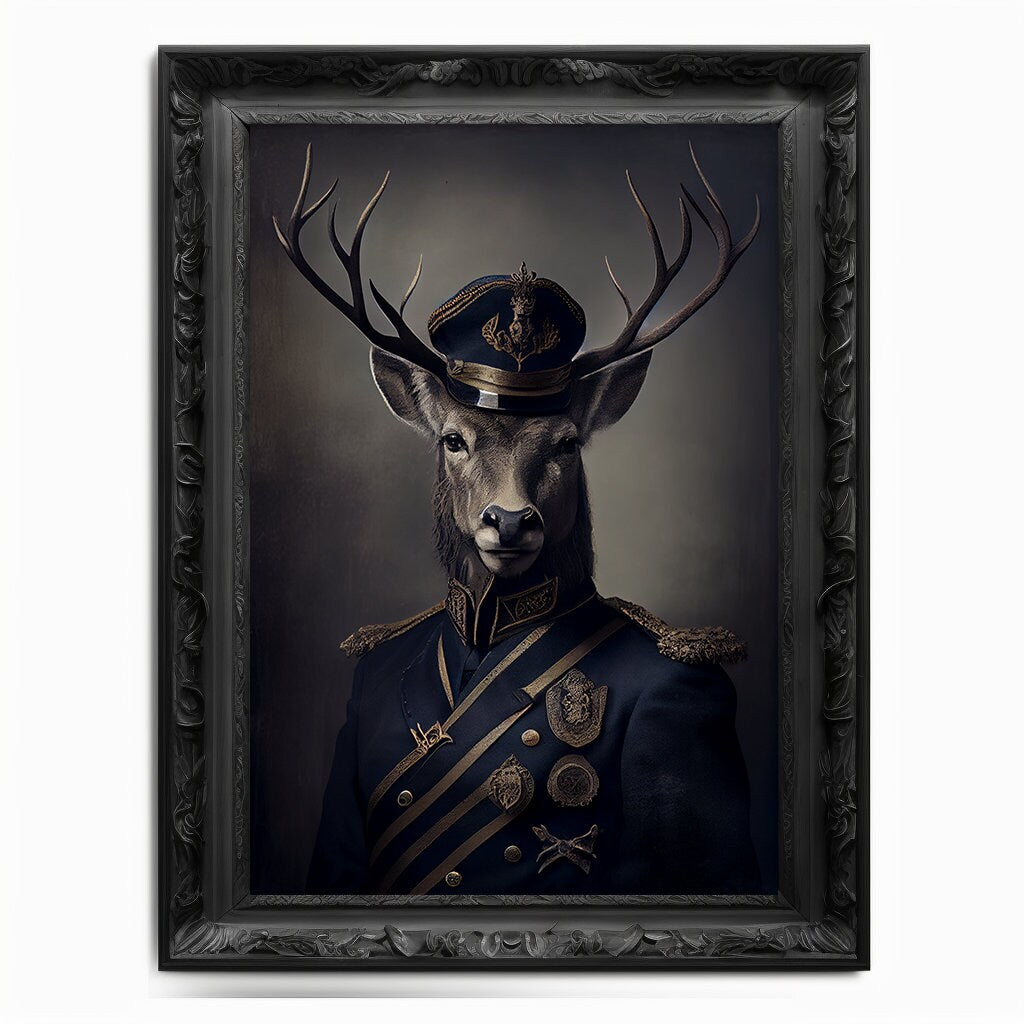 Military Stag Wall Art Print, Animal Lover Vintage Regal Stag Art Deer Poster Renaissance. Victorian Stag Portrait, Royal Painting Pet Gift