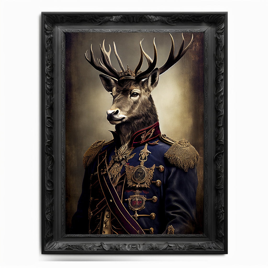 Military Stag Wall Art Print, Animal Lover Vintage Regal Stag Art Deer Poster Renaissance. Victorian Stag Portrait, Royal Painting Pet Gift