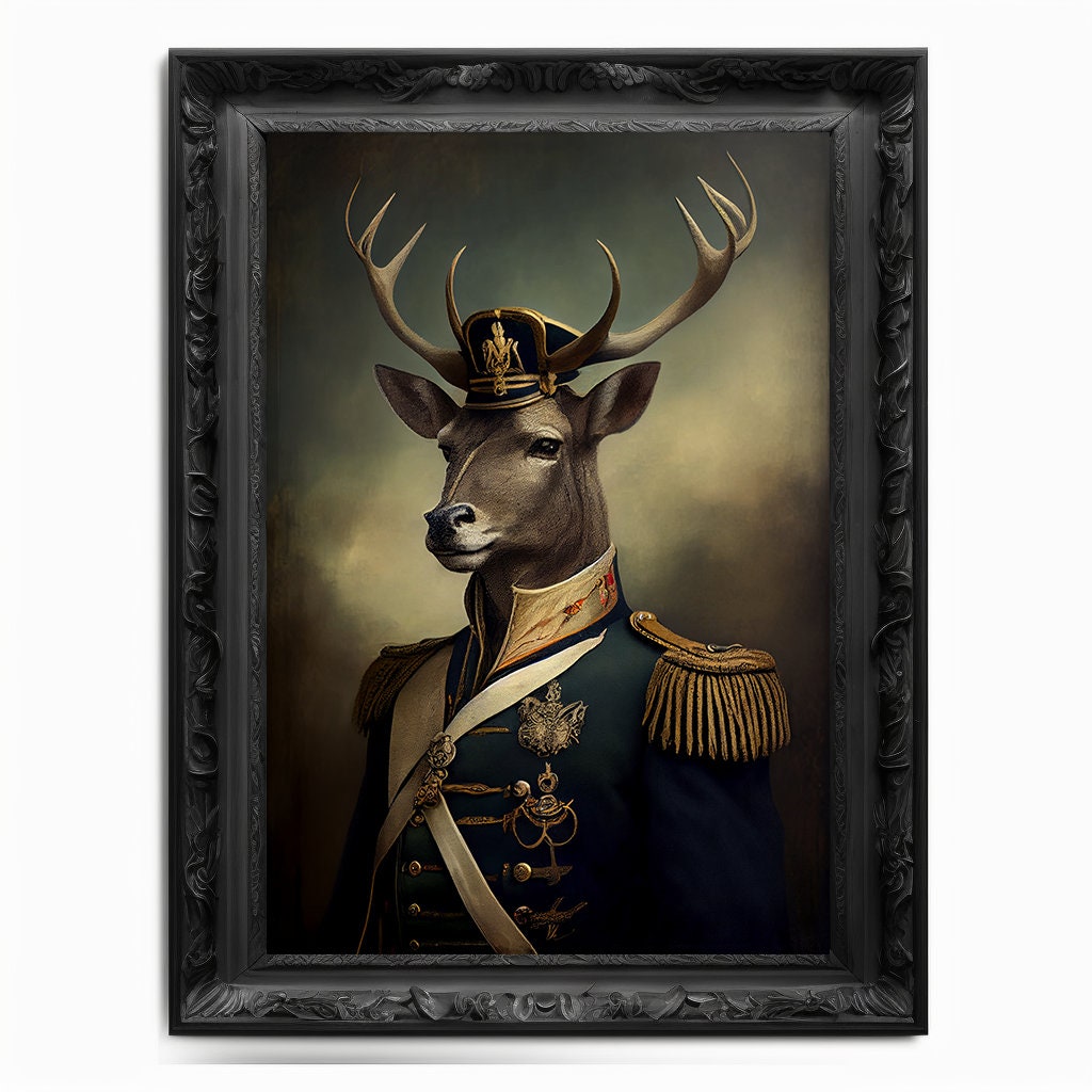 Military Stag Wall Art Print, Animal Lover Vintage Regal Stag Art Deer Poster Renaissance. Victorian Stag Portrait, Royal Painting Pet Gift