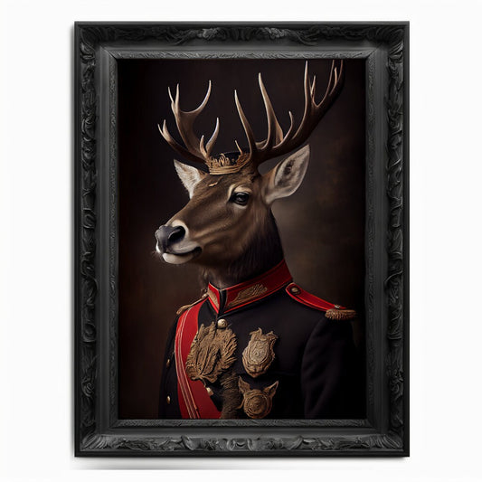 Military Stag Wall Art Print, Animal Lover Vintage Regal Stag Art Deer Poster Renaissance. Victorian Stag Portrait, Royal Painting Pet Gift