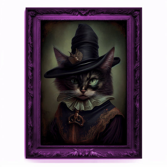 Witch Cat Portrait, Animal Painting, Altered Art, witchcraft Decor, Regal Vintage Artwork, Unique Prints, Funny Pet Gift, Salem Cat Print