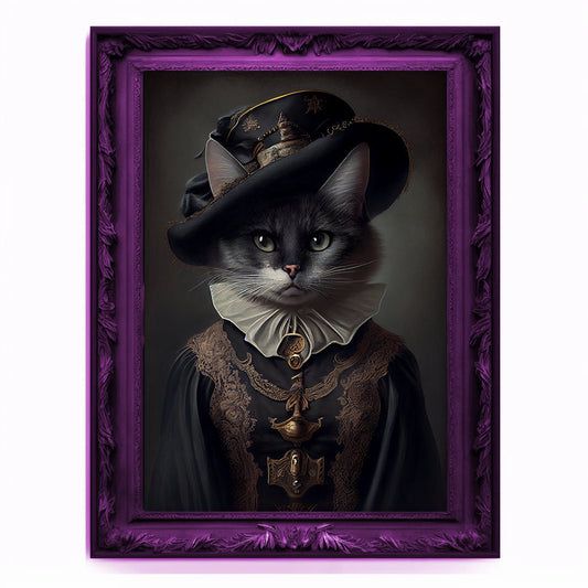 Witch Cat Portrait, Animal Painting, Altered Art, witchcraft Decor, Regal Vintage Artwork, Unique Prints, Funny Pet Gift, Salem Cat Print