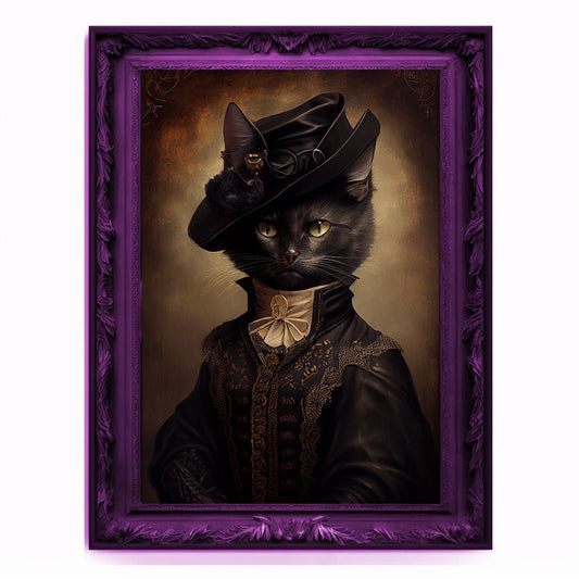 Witch Cat Portrait, Animal Painting, Altered Art, witchcraft Decor, Regal Vintage Artwork, Unique Prints, Funny Pet Gift, Salem Cat Print