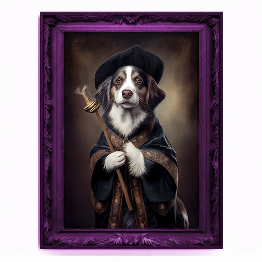 Wizard Dog Portrait, Magician Poster, Animal Painting, Altered Art, Magic Wand, Regal Vintage Artwork, Unique Prints, Pet Gift, Wizard Gift