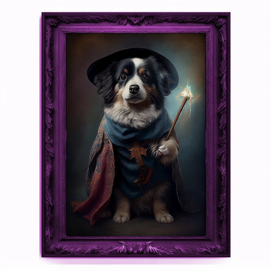 Wizard Dog Portrait, Magician Poster, Animal Painting, Altered Art, Magic Wand, Regal Vintage Artwork, Unique Prints, Pet Gift, Wizard Gift