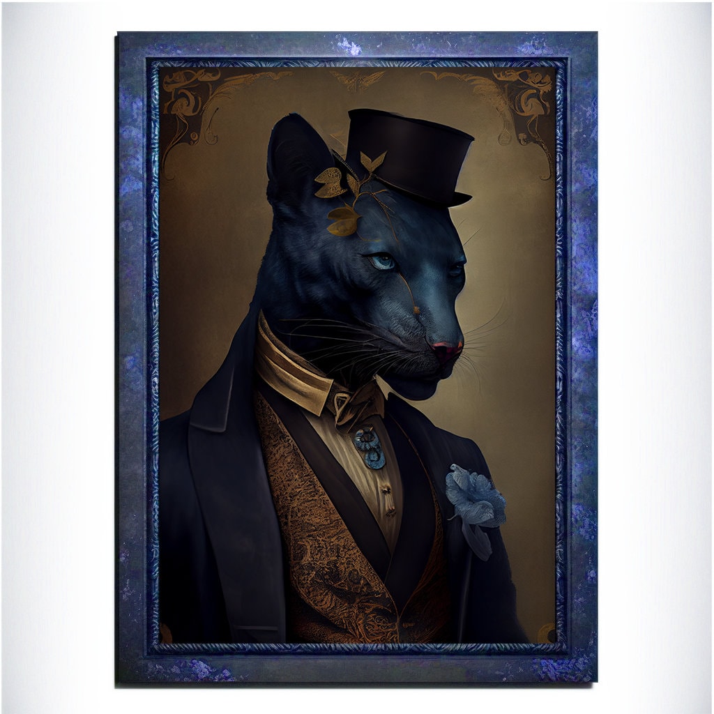 Blue Panther Wall Art Print, Blue Animal Lover Vintage Regal Art Poster. Victorian Gold Panther Portrait Royal Painting Puma Pet Gift - Wall Art Poster Print