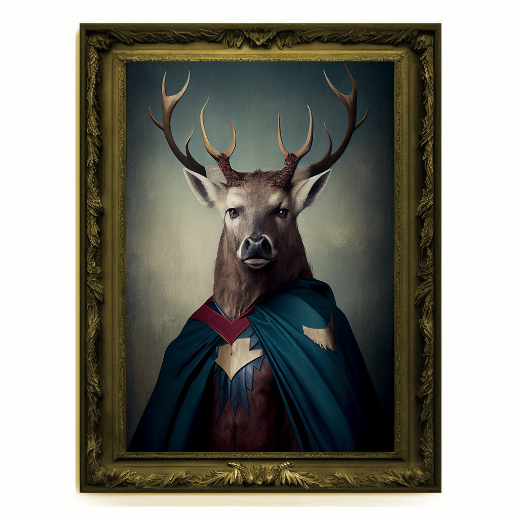 Superhero Stag Deer Portrait, Animal Painting, Altered Art, Bar Room Poster, Regal Vintage Artwork, Unique Art Prints, Funny Gift