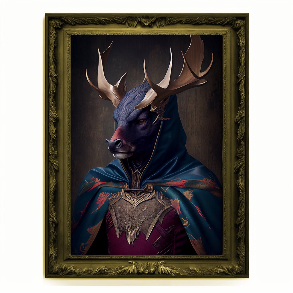 Superhero Stag Deer Portrait, Animal Painting, Altered Art, Bar Room Poster, Regal Vintage Artwork, Unique Art Prints, Funny Gift