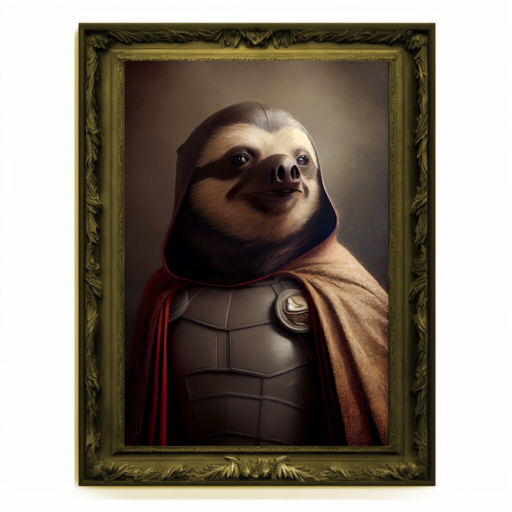 Superhero Sloth Portrait, Animal Painting, Altered Art, Bar Room Poster, Regal Vintage Artwork, Unique Art Prints, Funny Gift
