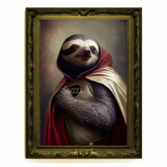 Superhero Sloth Portrait, Animal Painting, Altered Art, Bar Room Poster, Regal Vintage Artwork, Unique Art Prints, Funny Gift