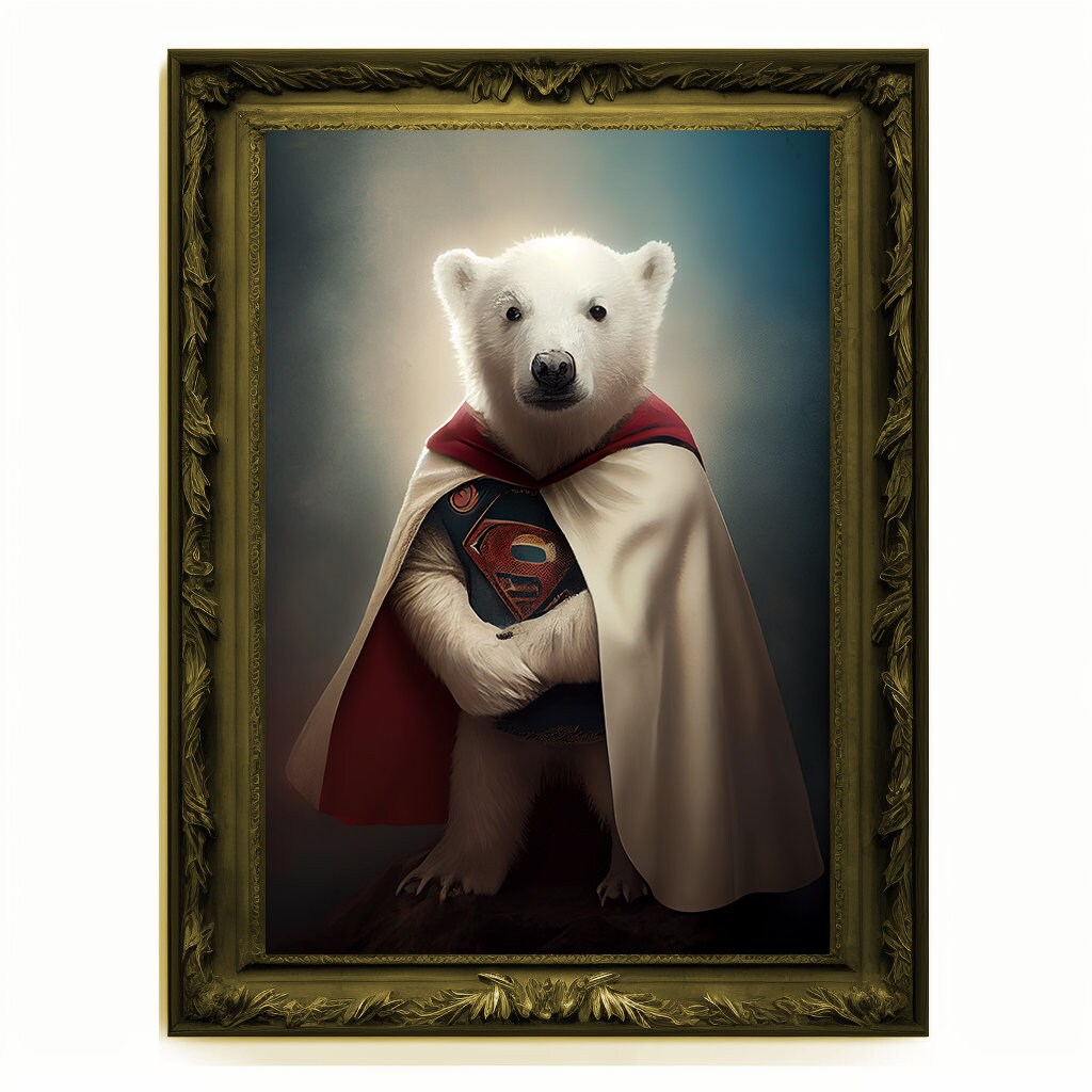 Superhero Polar Bear Cub Portrait, Animal Painting, Altered Art, Bar Room Poster, Regal Vintage Artwork, Unique Art Prints, Funny Gift