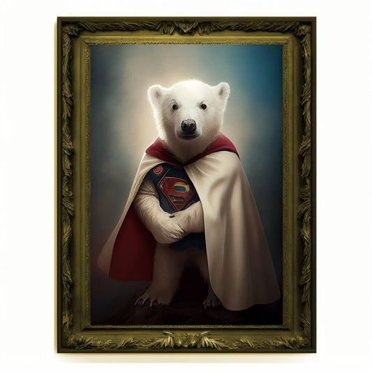 Superhero Polar Bear Cub Portrait, Animal Painting, Altered Art, Bar Room Poster, Regal Vintage Artwork, Unique Art Prints, Funny Gift