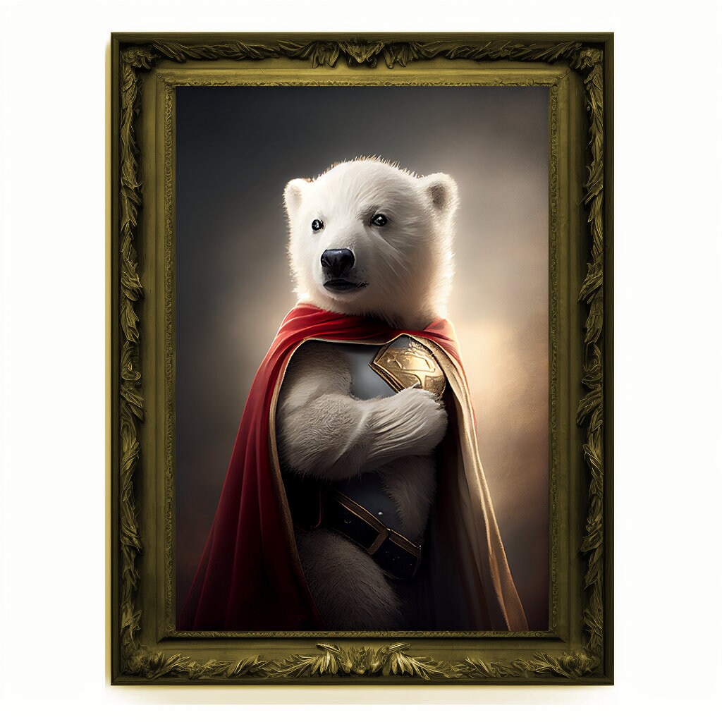 Superhero Polar Bear Cub Portrait, Animal Painting, Altered Art, Bar Room Poster, Regal Vintage Artwork, Unique Art Prints, Funny Gift