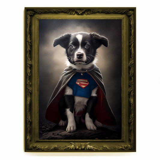 Superhero Puppy Dog Cub Portrait, Animal Painting, Altered Art, Bar Room Poster, Regal Vintage Artwork, Unique Art Prints, Funny Gift