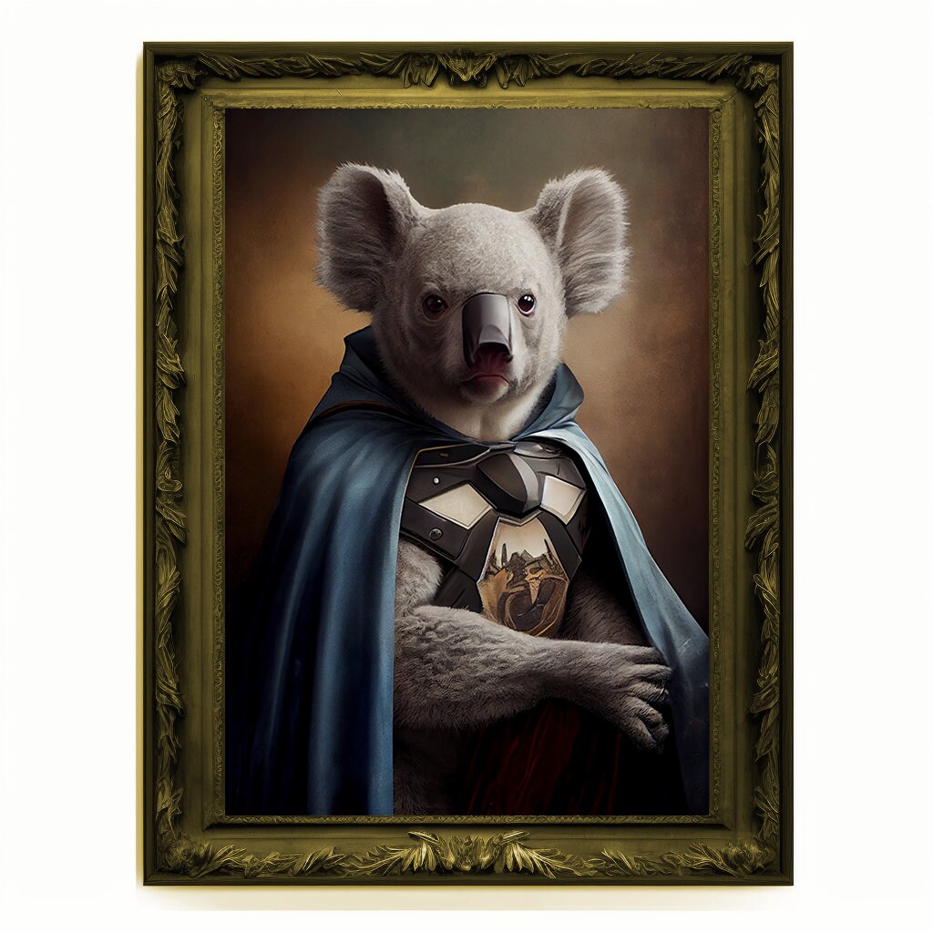 Superhero Koala Bear Portrait, Animal Painting, Altered Art, Bar Room Poster, Regal Vintage Artwork, Unique Art Prints, Funny Gift