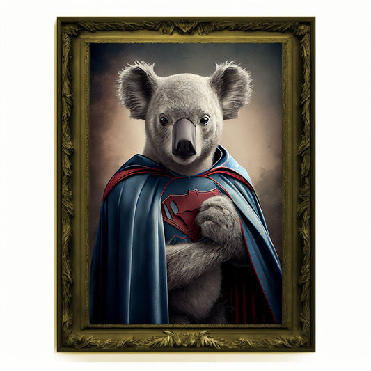 Superhero Koala Bear Portrait, Animal Painting, Altered Art, Bar Room Poster, Regal Vintage Artwork, Unique Art Prints, Funny Gift