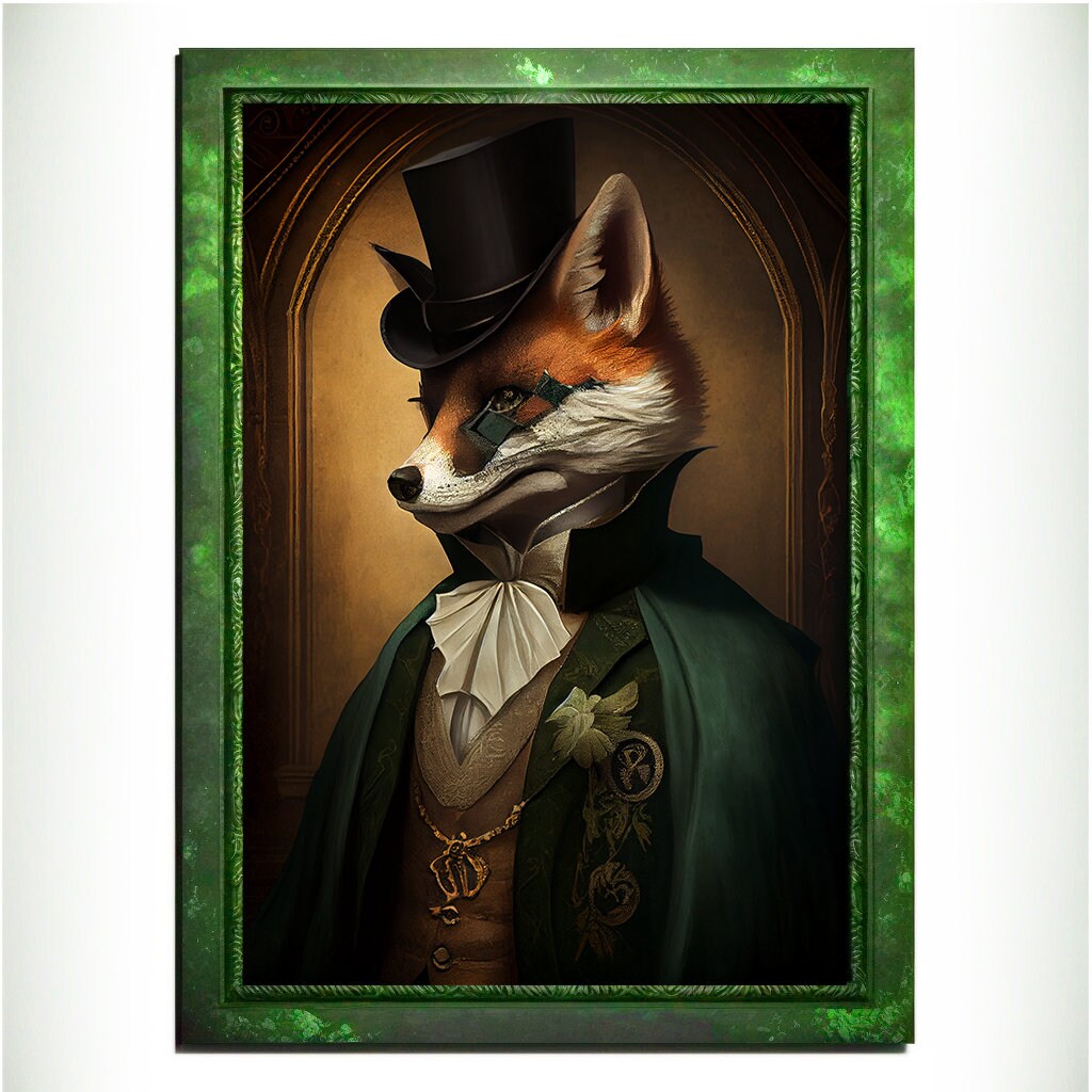 Green Fox Wall Art Print, Green Animal Lover Vintage Regal Art Poster. Victorian Fox Portrait Royal Painting Talented Fox Bar Art Pet Gift - Wall Art Poster Print