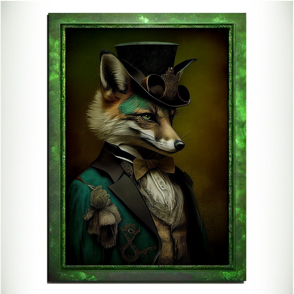 Green Fox Wall Art Print, Green Animal Lover Vintage Regal Art Poster. Victorian Fox Portrait Royal Painting Talented Fox Bar Art Pet Gift - Wall Art Poster Print