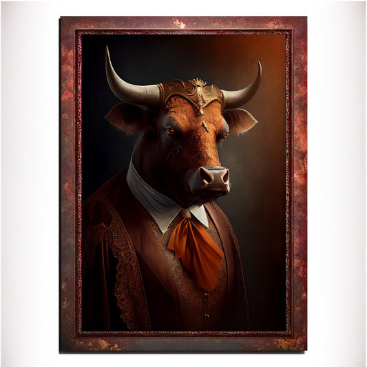Orange Bull Wall Art Print, Animal Lover Vintage Regal Art Poster. Victorian Bull Bar Portrait Royal Painting Tango Orange Art Pet Gift - Wall Art Poster Print