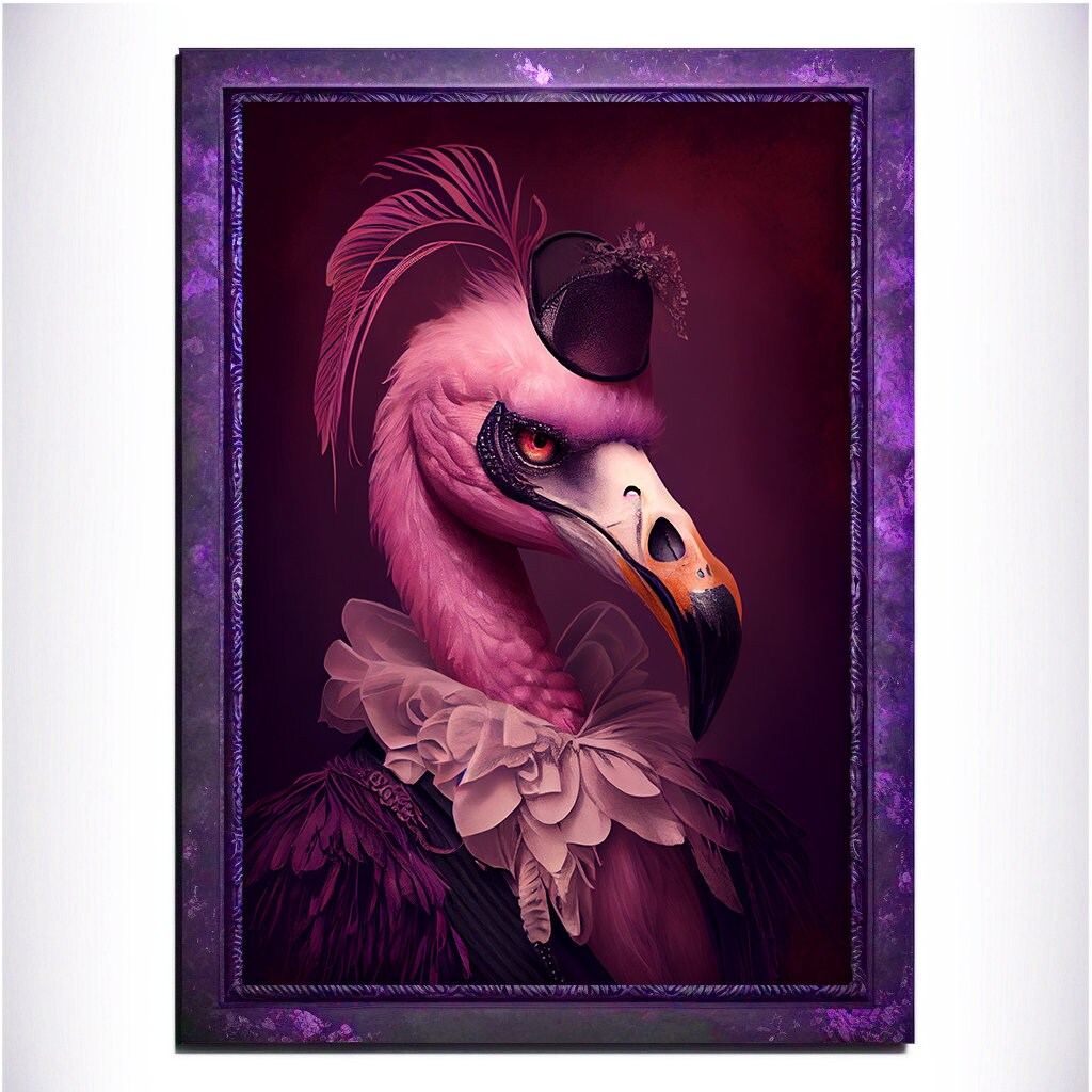 Purple Flamingo Wall Art Print, Animal Lover Vintage Regal Flamingo Art Poster Renaissance. Victorian Flamingo Portrait, Royal Painting Gift - Wall Art Poster Print