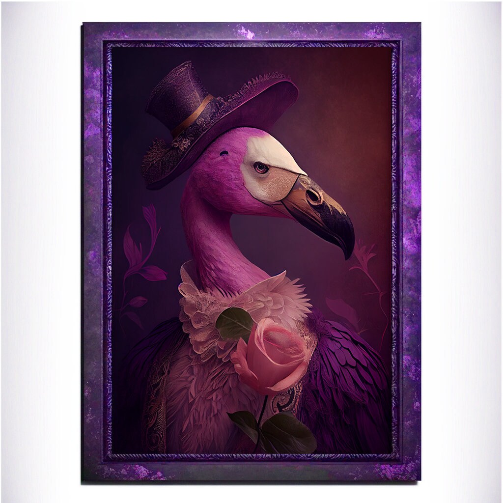 Purple Flamingo Wall Art Print, Animal Lover Vintage Regal Flamingo Art Poster Renaissance. Victorian Flamingo Portrait, Royal Painting Gift - Wall Art Poster Print