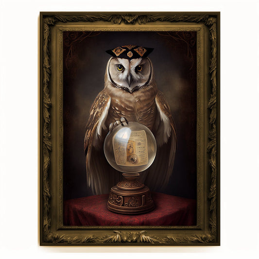 Crystal Ball Seer Owl Portrait, Owl Poster, Animal Painting, Altered Art, Magic Owl, Regal Vintage Art, Unique Prints, Pet Gift, Wizard Gift
