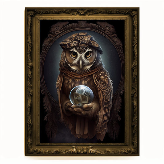 Crystal Ball Seer Owl Portrait, Owl Poster, Animal Painting, Altered Art, Magic Owl, Regal Vintage Art, Unique Prints, Pet Gift, Wizard Gift