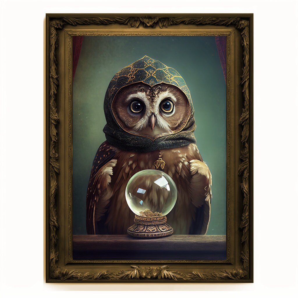 Crystal Ball Seer Owl Portrait, Owl Poster, Animal Painting, Altered Art, Magic Owl, Regal Vintage Art, Unique Prints, Pet Gift, Wizard Gift