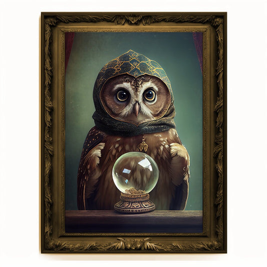 Crystal Ball Seer Owl Portrait, Owl Poster, Animal Painting, Altered Art, Magic Owl, Regal Vintage Art, Unique Prints, Pet Gift, Wizard Gift