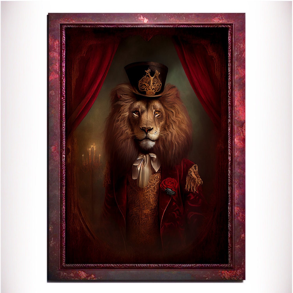 Red Lion Wall Art Print, Red Animal Lover Vintage Regal Art Poster. Victorian Red Lion Pub Portrait Royal Painting Red lion Bar Art Pet Gift - Wall Art Poster Print